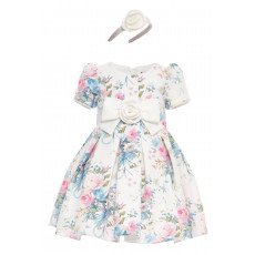 فستان بناتي - أبيض - كلاسيكي بنقشة زهور ناعمة واكسسوار شعر 36195