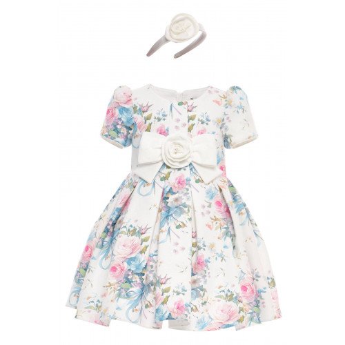 فستان بناتي - أبيض - كلاسيكي بنقشة زهور ناعمة واكسسوار شعر 36195