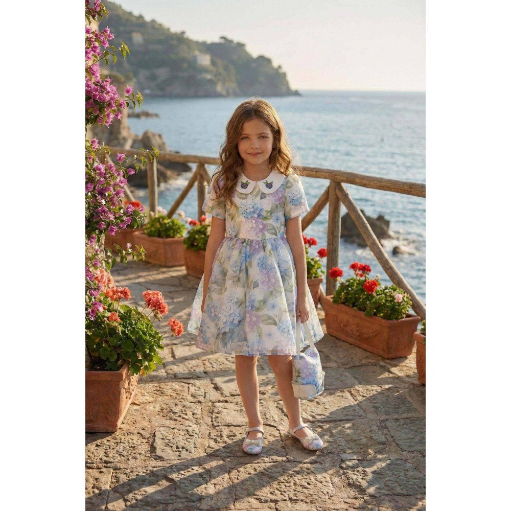 فستان بناتي (أزرق) بياقة مطرزة وحقيبة مطابقة 36165