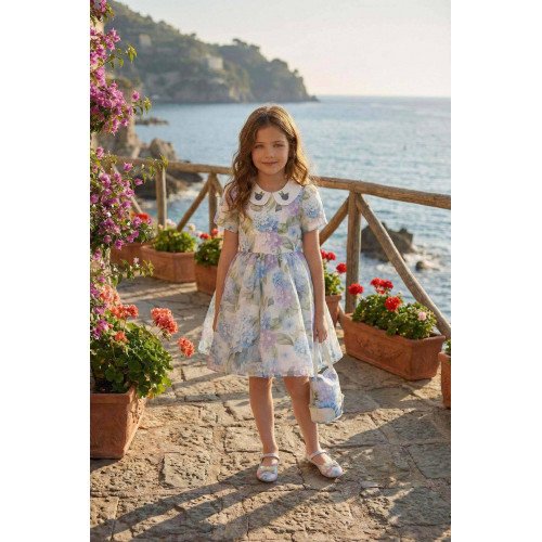 فستان بناتي (أزرق) بياقة مطرزة وحقيبة مطابقة 36165