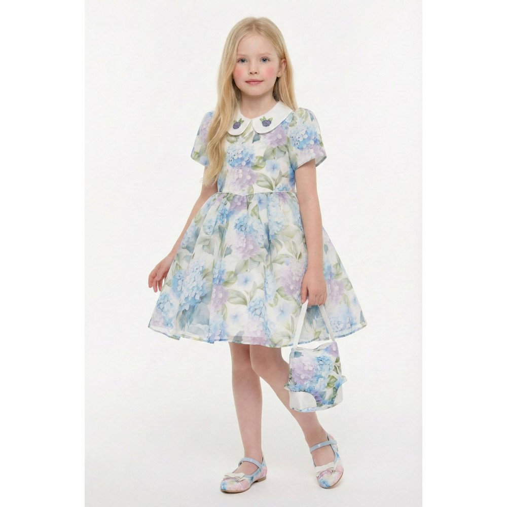 فستان بناتي (أزرق) بياقة مطرزة وحقيبة مطابقة 36165