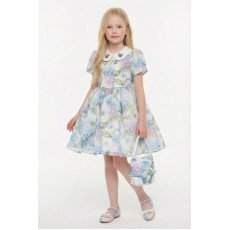 فستان بناتي (أزرق) بياقة مطرزة وحقيبة مطابقة 36165