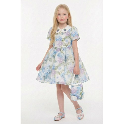 فستان بناتي (أزرق) بياقة مطرزة وحقيبة مطابقة 36165