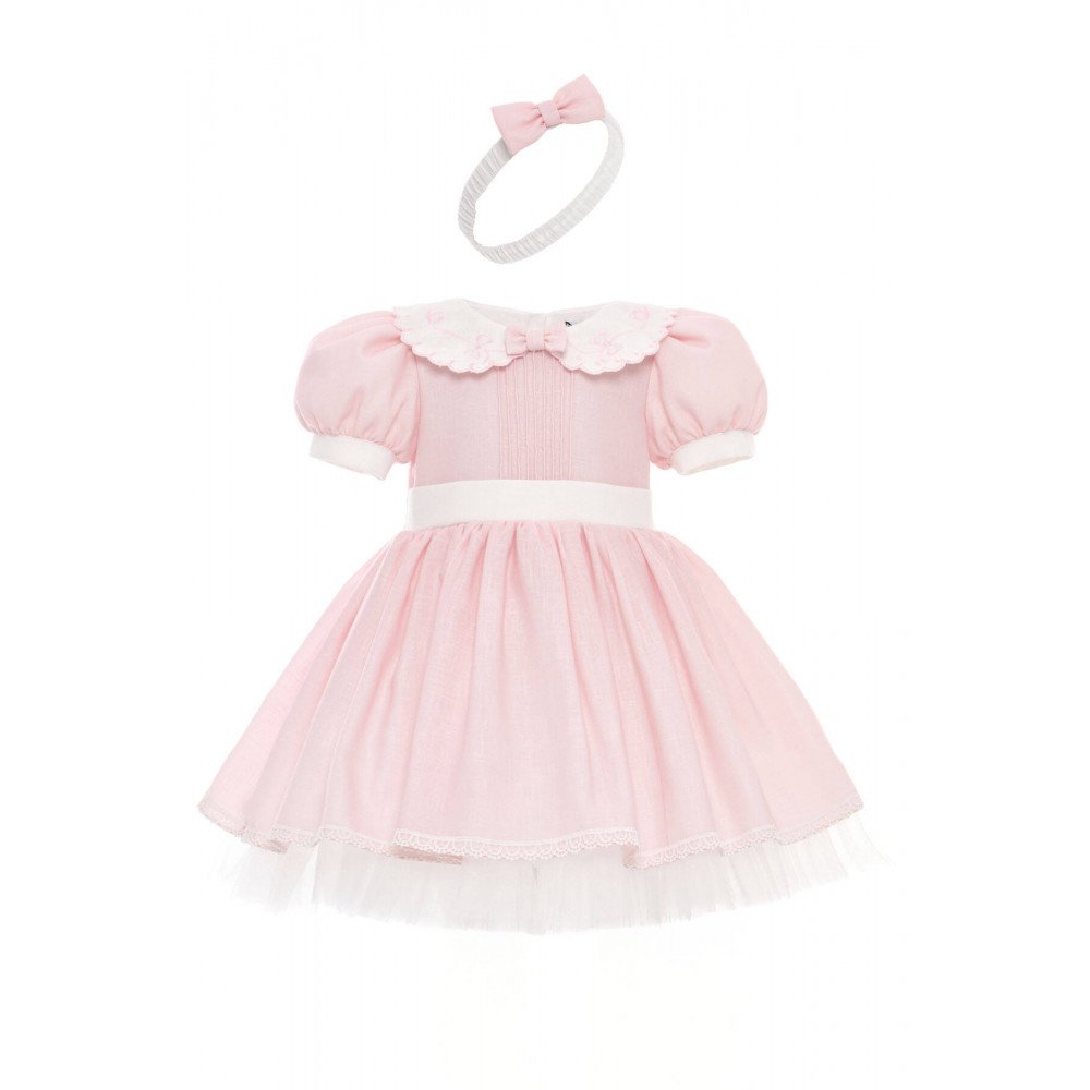 فستان كلاسيكي - وردي - بتفاصيل ناعمة مع اكسسوار شعر 36371