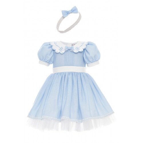 فستان كلاسيكي - سماوي - بتفاصيل ناعمة مع اكسسوار شعر 36371