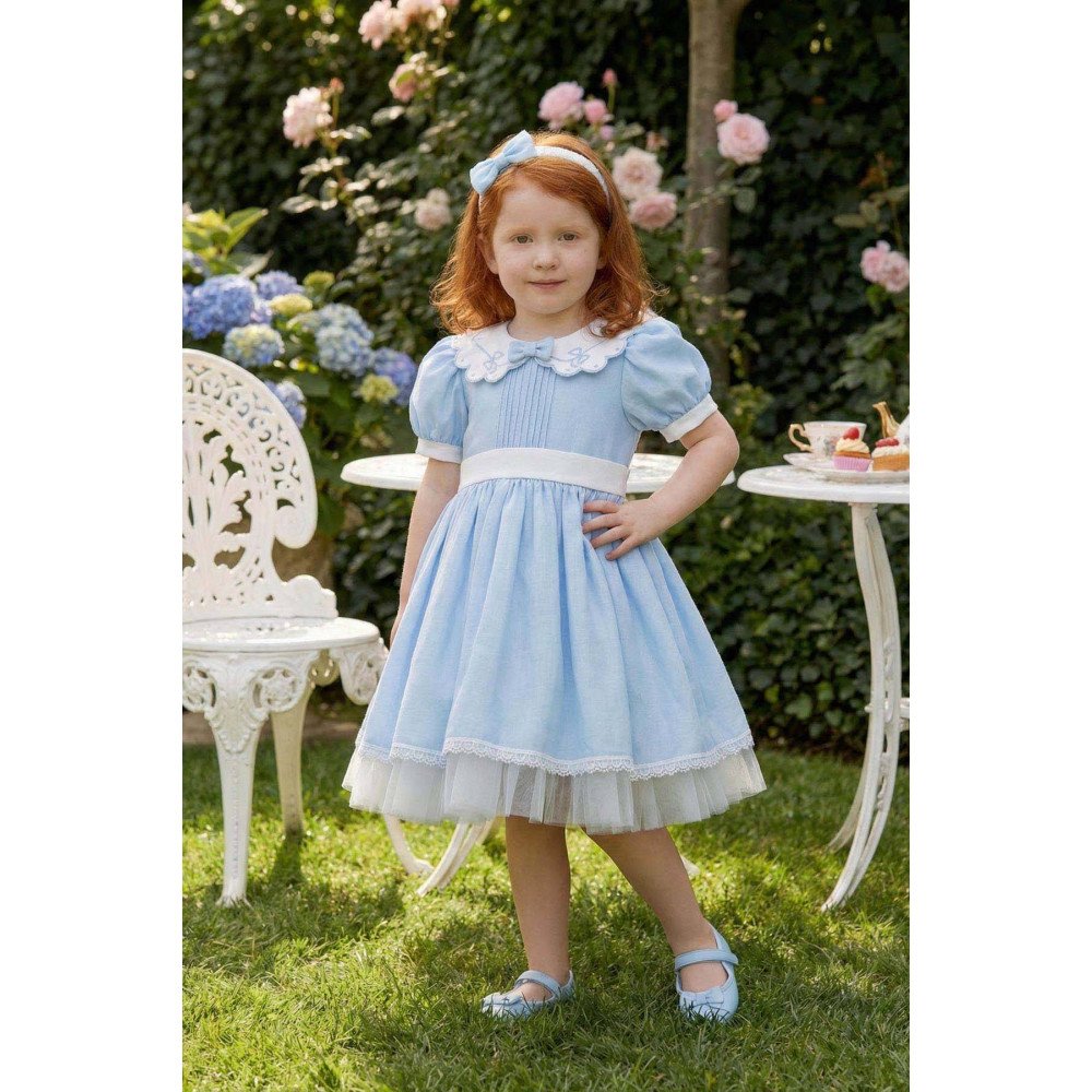 فستان كلاسيكي - سماوي - بتفاصيل ناعمة مع اكسسوار شعر 36371