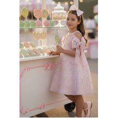 فستان باودر مطرز مع فيونكات بالذراع واكسسوار شعر 36062