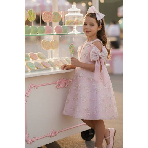 فستان باودر مطرز مع فيونكات بالذراع واكسسوار شعر 36062