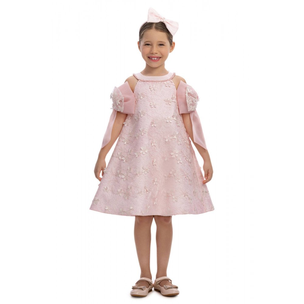 فستان باودر مطرز مع فيونكات بالذراع واكسسوار شعر 36062