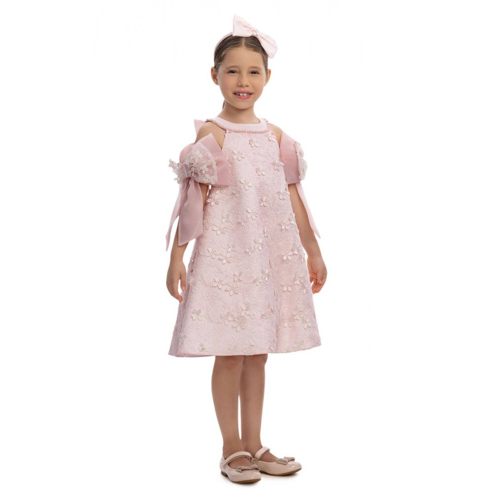 فستان باودر مطرز مع فيونكات بالذراع واكسسوار شعر 36062