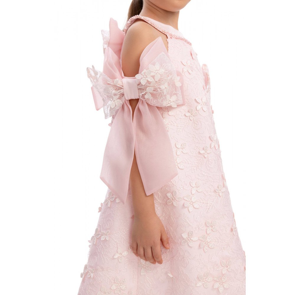 فستان باودر مطرز مع فيونكات بالذراع واكسسوار شعر 36062