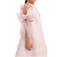 فستان باودر مطرز مع فيونكات بالذراع واكسسوار شعر 36062