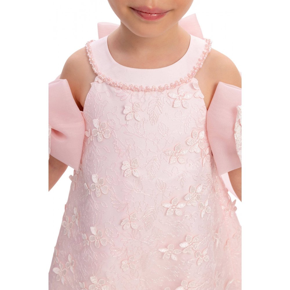 فستان باودر مطرز مع فيونكات بالذراع واكسسوار شعر 36062