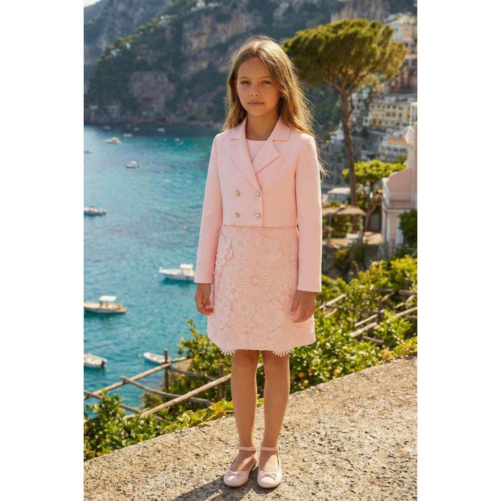 طقم فستان مزين بالورود مع جاكيت رسمي - وردي - لبنات السن المحير 36363