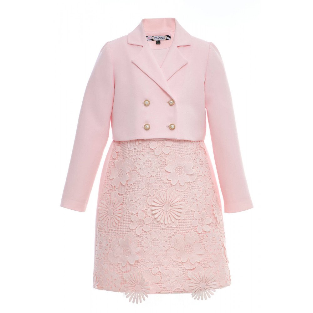 طقم فستان مزين بالورود مع جاكيت رسمي - وردي - لبنات السن المحير 36363