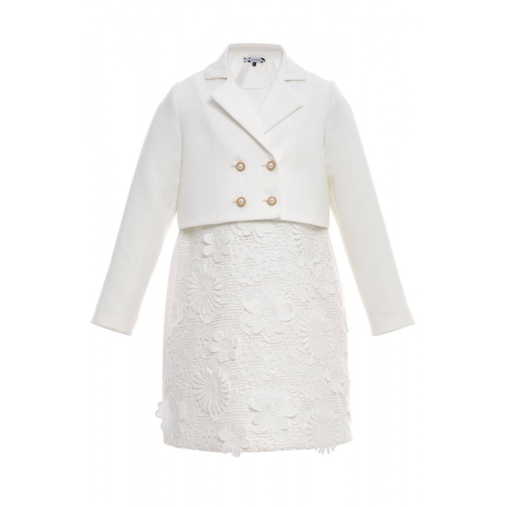 طقم فستان مزين بالورود مع جاكيت رسمي - أبيض - لبنات السن المحير 36363