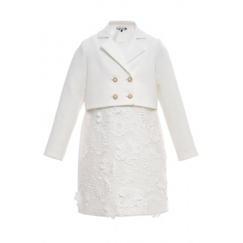 طقم فستان مزين بالورود مع جاكيت رسمي - أبيض - لبنات السن المحير 36363