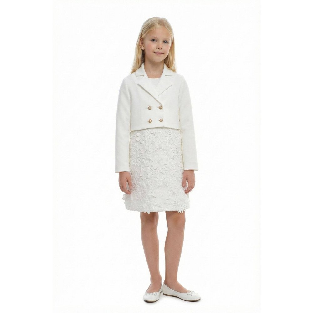 طقم فستان مزين بالورود مع جاكيت رسمي - أبيض - لبنات السن المحير 36363