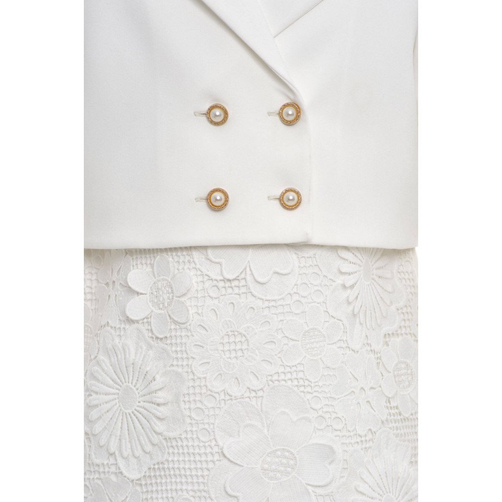 طقم فستان مزين بالورود مع جاكيت رسمي - أبيض - لبنات السن المحير 36363