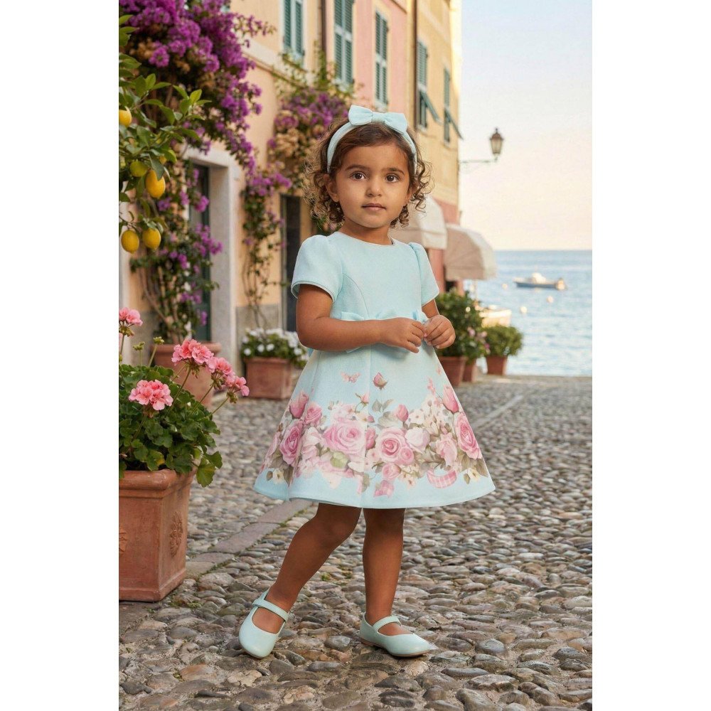 فستان - أزرق - ناعم بطبعة زهور مع اكسسوار شعر 36202