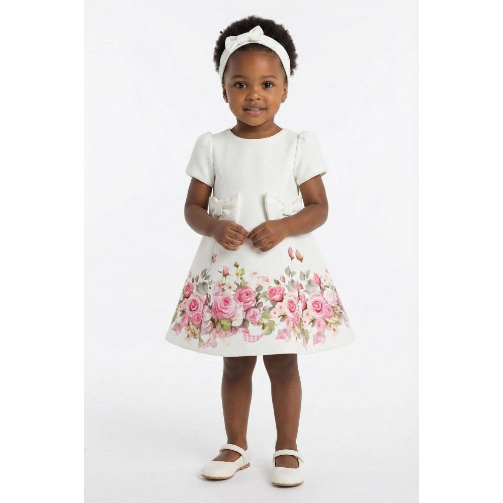 فستان - أبيض - ناعم بطبعة زهور مع اكسسوار شعر 36202