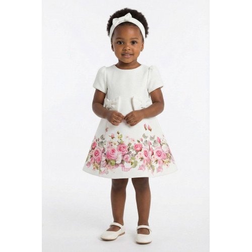 فستان - أبيض - ناعم بطبعة زهور مع اكسسوار شعر 36202