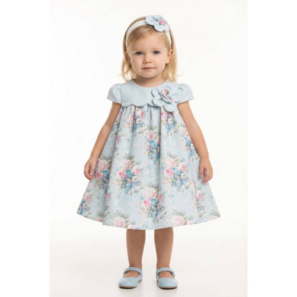 فستان - أزرق - ناعم بطبعة زهور مع اكسسوار شعر 36197