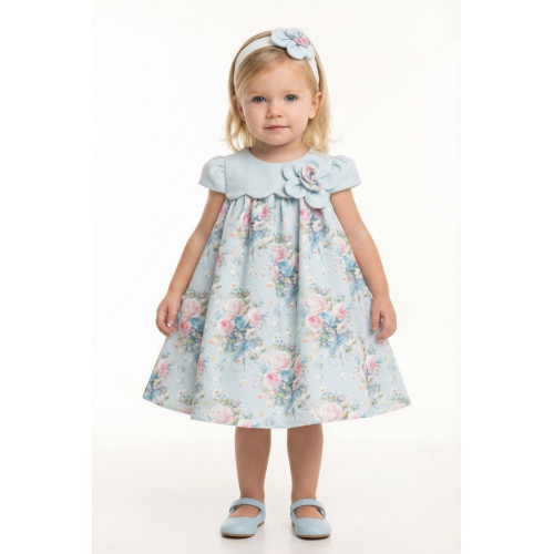 فستان - أزرق - ناعم بطبعة زهور مع اكسسوار شعر 36197