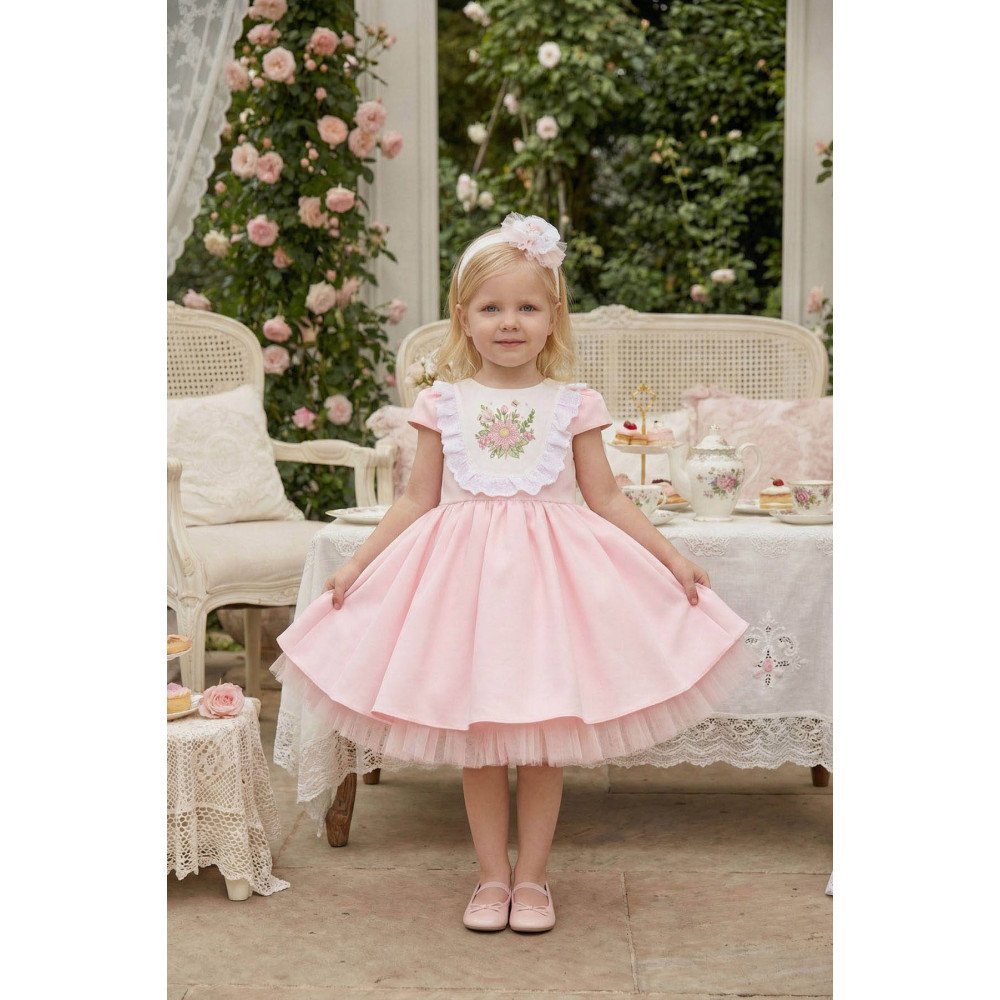 فستان - وردي - بتطريز زهور مع اكسسوار شعر 36122