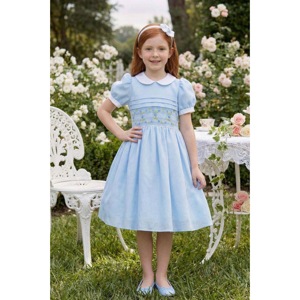 فستان كلاسيكي - أزرق - بتطريز يدوي مع اكسسوار شعر 36383