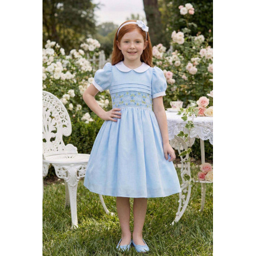 فستان كلاسيكي - أزرق - بتطريز يدوي مع اكسسوار شعر 36383