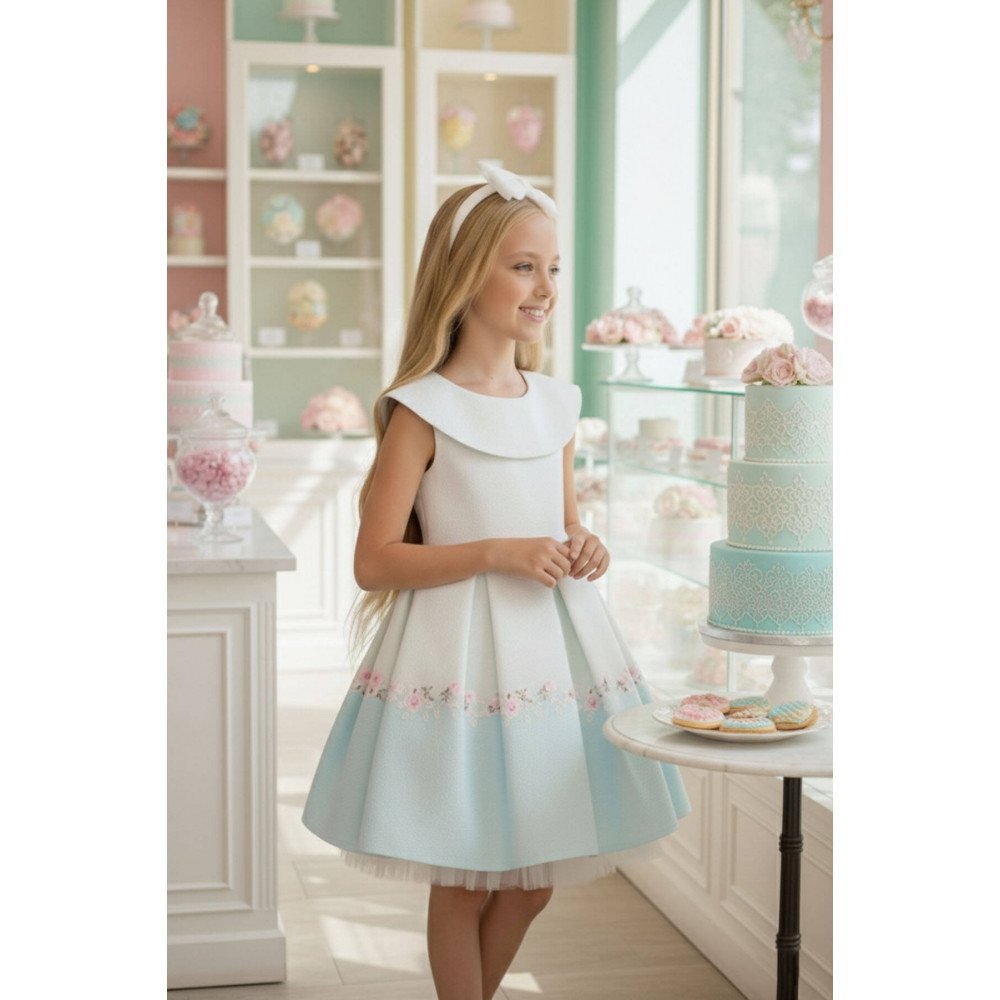 فستان بناتي - أزرق - بثنيات ناعمة وحافة فستان بنقشة زهور 36210