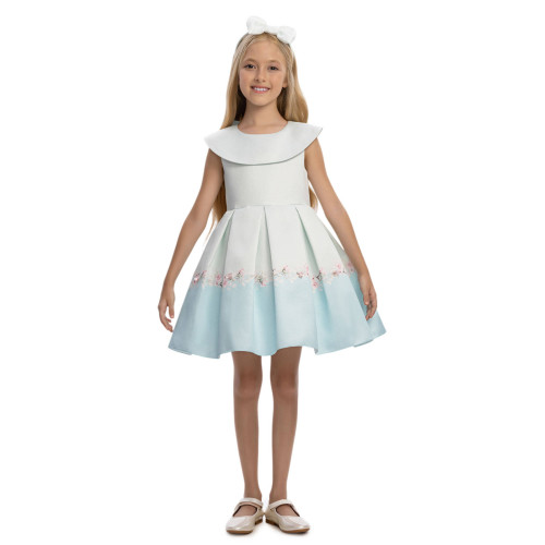 فستان بناتي - أزرق - بثنيات ناعمة وحافة فستان بنقشة زهور 36210