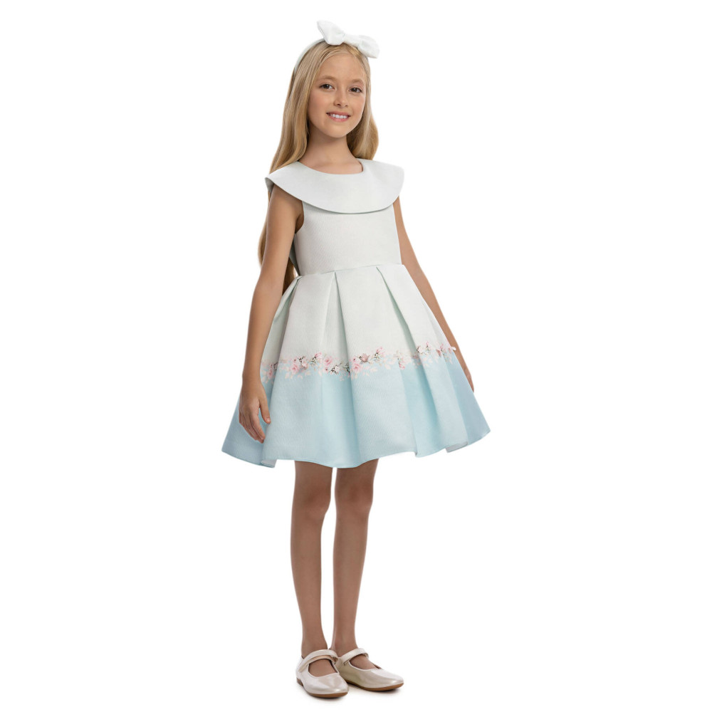 فستان بناتي - أزرق - بثنيات ناعمة وحافة فستان بنقشة زهور 36210