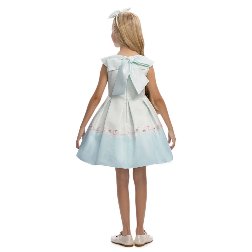 فستان بناتي - أزرق - بثنيات ناعمة وحافة فستان بنقشة زهور 36210