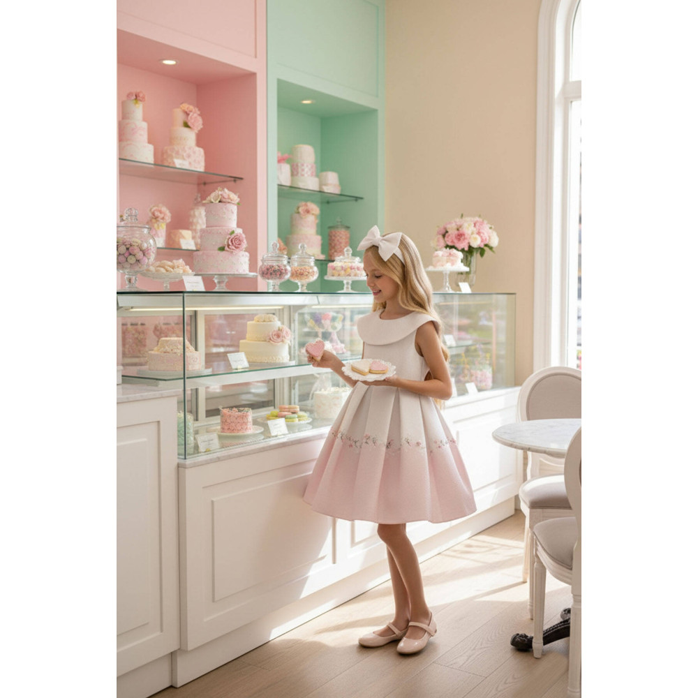 فستان بناتي - وردي - بثنيات ناعمة وحافة فستان بنقشة زهور 36210