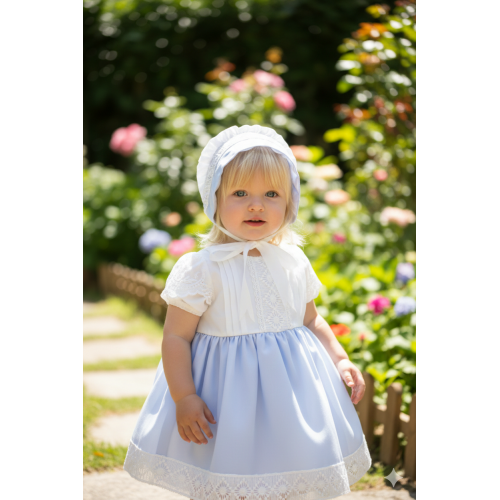 طقم طفلة فستان  مع قبعة ازرق سماوي – لمسة كلاسيك أنيقة مع تفاصيل دانتيل ناعمة 20263