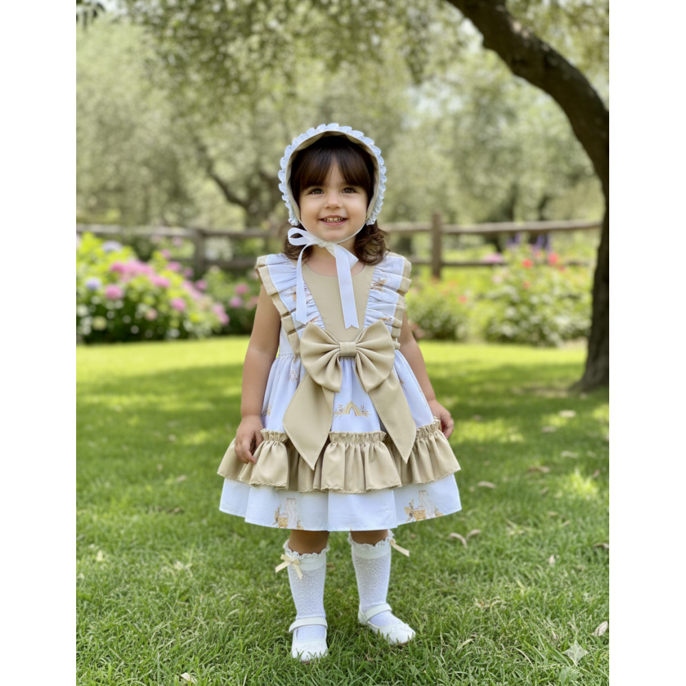 طقم بناتي ازرق هادئ برسومات طفولية و  بتفاصيل كشكش وفيونكة 20265