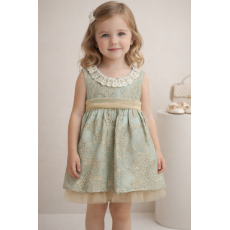 فستان أخضر بنقشة ذهبية وفيونكة خلفية 26001