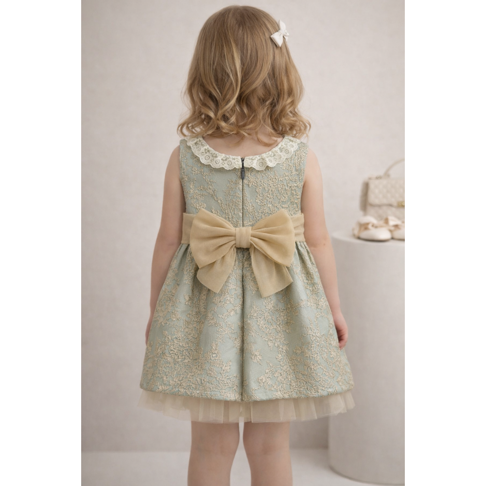 فستان أخضر بنقشة ذهبية وفيونكة خلفية 26001