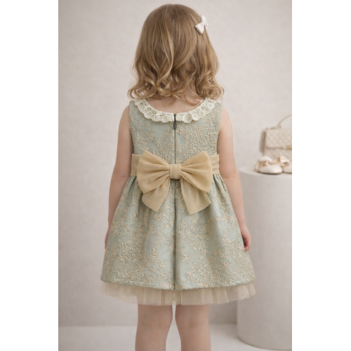 فستان أخضر بنقشة ذهبية وفيونكة خلفية 26001