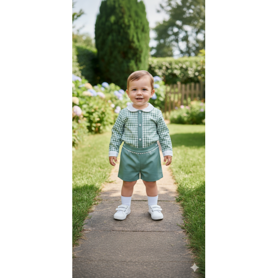 بدلة ولادي قميص كاروهات أخضر وشورت202612