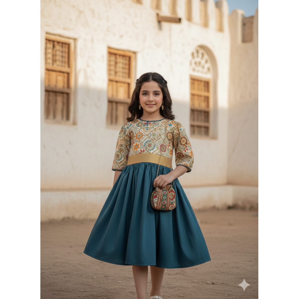 فستان بناتي مطرز بفتحة ظهر  وتنورة أخضر  240526