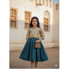 فستان بناتي مطرز بفتحة ظهر  وتنورة أخضر  240526