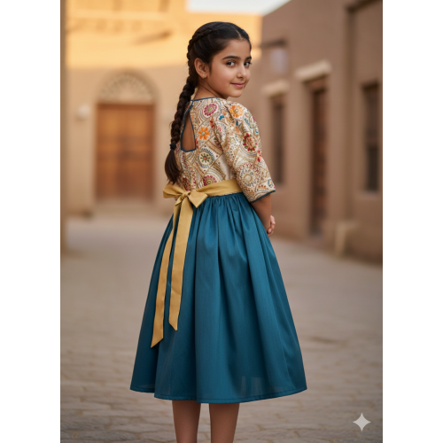 فستان بناتي مطرز بفتحة ظهر  وتنورة أخضر  240526