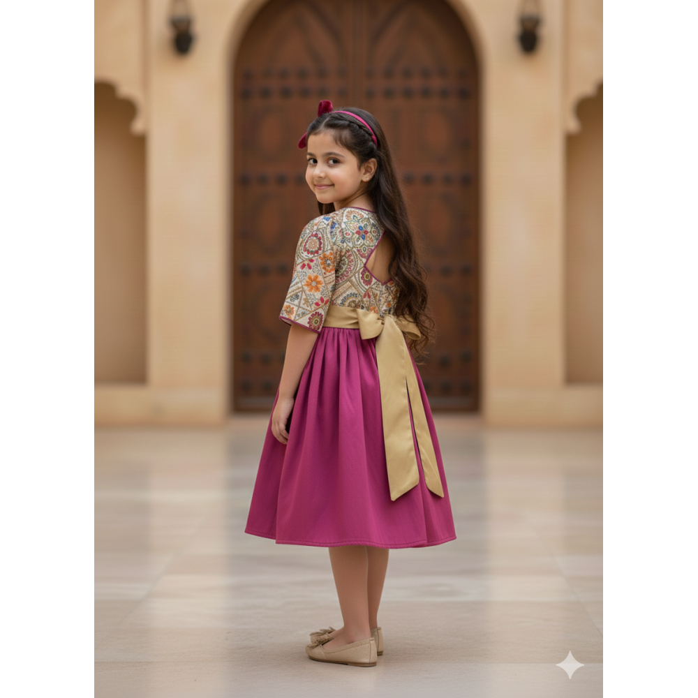 فستان بناتي مطرز بفتحة ظهر  وتنورة فوشيا  240525