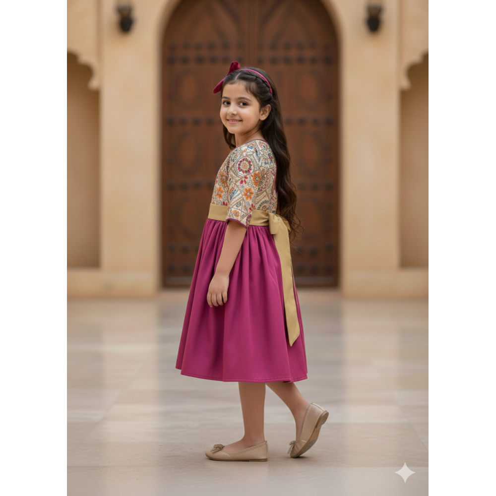 فستان بناتي مطرز بفتحة ظهر  وتنورة فوشيا  240525