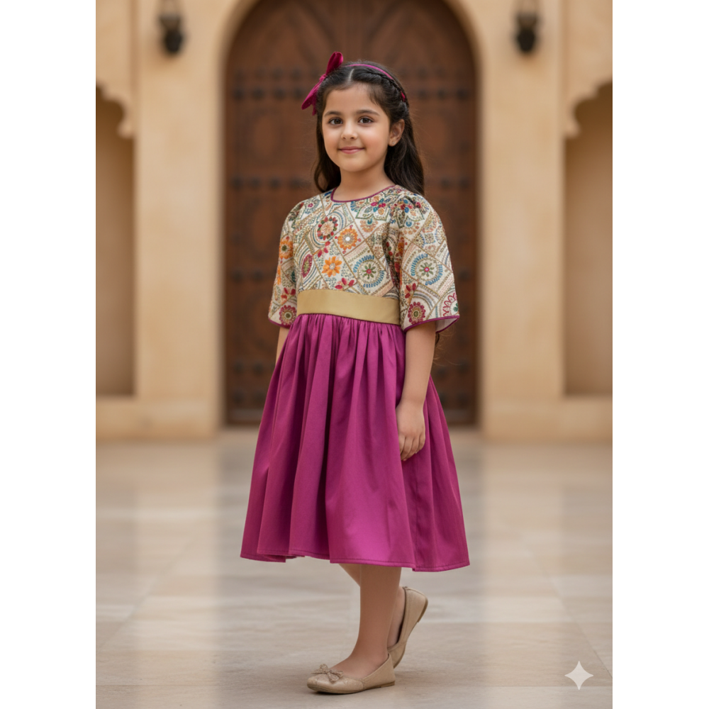 فستان بناتي مطرز بفتحة ظهر  وتنورة فوشيا  240525