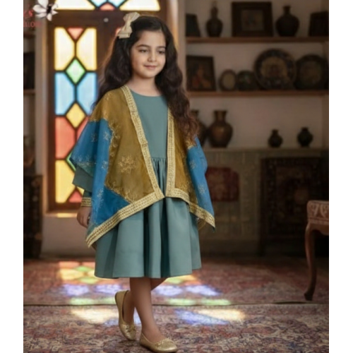 فستان بناتي أخضر تيفاني مع شال اكمام مطرّز وتفاصيل ذهبية 240527