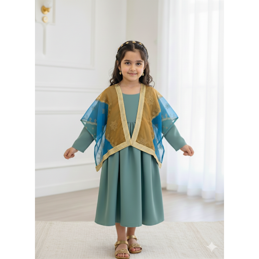 فستان بناتي أخضر تيفاني مع شال اكمام مطرّز وتفاصيل ذهبية 240527